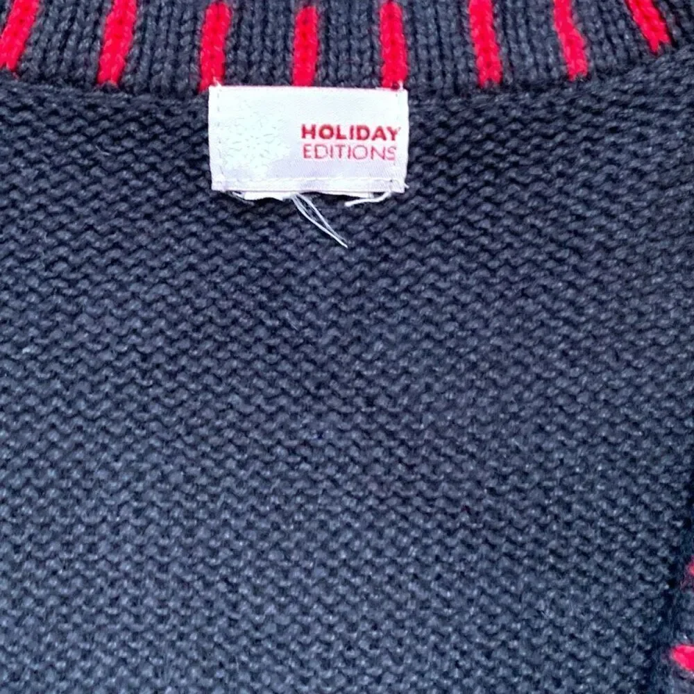Holiday Editions Black Printed Knit Sweater Vest Festive‎ Embroidery Red Plaid
